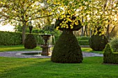 MITTON MANOR, STAFFORDSHIRE: FOUNTAIN AND CLIPPED YEW TOPIARY IN THE FRONT GARDEN. SUNSET, FORMAL, LAWN, APRIL, COUNTRY, GARDEN, ENGLISH