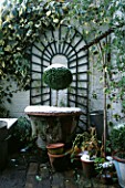 SMALL TOWN GARDEN IN WINTER: BRICK COURTYARD WITH ARCHED TRELLIS & HEDERA ON WALL  TERRACOTTA CONTAINER WITH CLIPPED BOX TREE DUSTED WITH SNOW. DESIGNER: ANTHONY NOEL