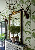 BUTTER WAKEFIELD HOUSE, LONDON. THE HALLWAY. ENTRANCE WITH PALM FROND DECORATED WALLPAPER AND MIRROR