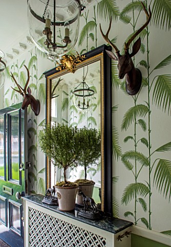 BUTTER_WAKEFIELD_HOUSE_LONDON_THE_HALLWAY_ENTRANCE_WITH_PALM_FROND_DECORATED_WALLPAPER_AND_MIRROR