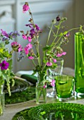 BUTTER WAKEFIELD HOUSE, LONDON: THE KITCHEN - GLASS JARS WITH FLOWERS CUT FROM THE GARDEN - GERANIUMS AND RED CAMPION. SILENE DIOICA