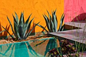 CHELSEA FLOWER SHOW 2017: BENEATH A MEXICAN SKY DESIGNED BY MANOJ MALDE. LUIS BARRAGAN, YELLOW,  PINK, WALL, MEXICO, MODERN, MEDITERRANEAN, AGAVE, EXOTIC, WATER, POOL, POND