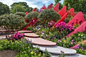 CHELSEA FLOWER SHOW 2017: THE SILK ROAD GARDEN CHENGDU, CHINA DESIGNED BY LAURIE CHETWOOD AND PATRICK COLLINS. RHODODENDRONS, WALLS, RED, CHINESE
