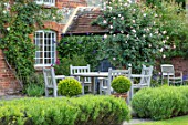 COTTAGE ROW, DORSET: WOODEN TABLE AND CHAIRS ON PATIO WITH ROSE - ROSA THE GENEROUS GARDENER, HOUSE, WALL, BOX BALLS IN CONTAINERS, SUMMER, COUNTRY, GARDEN, ENGLISH