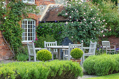 COTTAGE_ROW_DORSET_WOODEN_TABLE_AND_CHAIRS_ON_PATIO_WITH_ROSE__ROSA_THE_GENEROUS_GARDENER_HOUSE_WALL