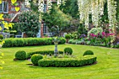 COTTAGE ROW, DORSET: LAWN, SUNDIAL, BOX HEDGE, BRICK PATH, BORDER, SPRING, GLADIOLUS COMMUNIS SUBSP. BYZANTINUS, WALL, BUXUS, ORNAMENT, CLASSIC, COUNTRY, GARDEN