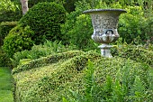 HAZELBY HOUSE, BERKSHIRE: LAWN, BORDERS, HEDGES, HEDGING, SUMMER, GARDEN, GREEN, STONE, URN, CONTAINER