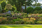 HAZELBY HOUSE, BERKSHIRE: LAWN, BORDERS, HEDGES, HEDGING, SUMMER, GARDEN, GEUMS, ROSES, LUPINS, DELPHINIUMS, GREENHOUSE, GLASSHOUSE, TERRACES, TERRACED, SLOPING