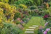 MOTTISFONT ABBEY, HAMPSHIRE: BORDERS, LAWN, ROSES, SUMMER, PATHS, FLOWERS, BLOOMS, BLOOMING, FLOWERING