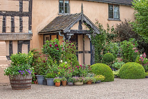 WOLLERTON_OLD_HALL_SHROPSHIRE_PINK_PAINTED_HOUSE_HALL_FRONT_GRAVEL_DRIVE_CONTAINERS_CLIPPED_TOPIARY_