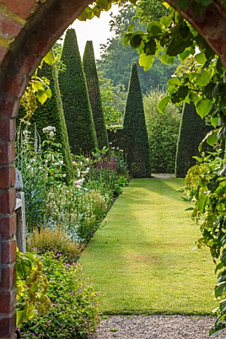 WOLLERTON_OLD_HALL_SHROPSHIRE_YEW_WALK_ARCH_IN_WALL_GATE_GRASS_PATH_PYRAMID_TOPIARY_CLIPPED_YEW_FORM