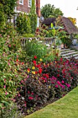 THE SALUTATION GARDEN, KENT: DAHLIAS IN BORDER BY LAWN IN FRONT OF STEPS, BALCONY. SUMMER, BLOOMING, FLOWERSM TROPICAL, EXOTIC, HOUSE, HOTEL
