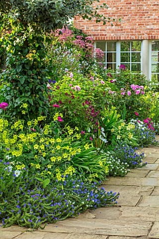 MORTON_HALL_WORCESTERSHIRE_SOUTH_GARDEN_BORDER_WITH_NICOTIANA_LIME_GREEN_COSMOS_SONATA_WHITE_PINK_CA