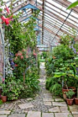 PARHAM, SUSSEX: THE GREENHOUSE, GLASSHOUSE, WITH FUCHSIAS, LATE, SUMMER, GLASS, HOUSE, CONSERVATORY