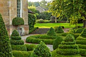 BOURTON HOUSE GARDEN, GLOUCESTERSHIRE: CLIPPED TOPIARY BOX, BUXUS. KNOT, EVERGREEN, FORMAL, ENGLISH, GREEN, AUTUMN, FALL, SEPTEMBER, CLASSIC, ENGLISH, YEW, TAXUS, STEPS