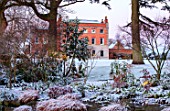 MORTON HALL, WORCESTERSHIRE: WINTER - FROST, SNOW, LAWN, VIEW OF HOUSE, ENGLISH, COUNTRY, GARDEN, COLD, DECEMBER