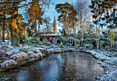 MORTON HALL, WORCESTERSHIRE: WINTER - THE LOWER POND WITH JAPANESE TEA HOUSE, BIRCHES, WATER, POOL, FROST, SNOW, COLD, DECEMBER, ENGLISH, COUNTRY, GARDEN, SUNRISE, DAWN, LIGHT