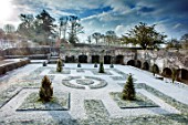 ABERGLASNEY GARDENS, CAMARTHENSHIRE, WALES. CLOISTER GARDEN IN SNOW. FEBRUARY, KNOT, KNOTS, PARTERRE, GRASS, FORMAL ,TRIMMED SHAPES