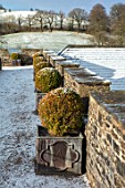 ABERGLASNEY GARDENS, CAMARTHENSHIRE, WALES. PARAPET WALK IN SNOW, FEBRUARY, LEAD CONTAINERS, TOPIARY, CLIPPED, BOX, BUXUS