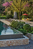SKOPOS DESIGN, CORFU: RAISED BLACK INFINITY POOL WITH REFLECTIONS, PATIO AREA, PAVED, SEATING, DINING, CHAIRS, TABLES, REFLECTED, SWIMMING, PONDS, WATER
