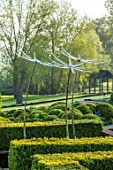 MITTON MANOR, STAFFORDSHIRE: TOPIARY GARDEN, FORMAL, COUNTRY, BOX, TOPIARY, HEDGES, HEDGING, EVERGREEN, SPRING, NEIL WILKIN SCULPTURES