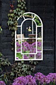 THE MOONGATE GARDEN, SUSSEX: ALLIUM FIRMAMENT, BLACK PAINTED FENCE, MIRRORS, BOUNDARY, BOUNDARIES, BULBS, REFLECTIONS, REFLECTED, SPRING