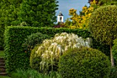 KINGHAM HILL HOUSE, OXFORDSHIRE: DESIGNER RUPERT GOLBY: SUNDIAL, WHITE STANDARD WISTERIA WITH VIEW OF HOUSE BEHIND