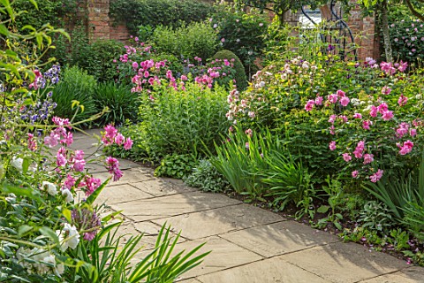 MORTON_HALL_WORCESTERSHIRE_SOUTH_GARDEN_SUMMER_PATH_BORDER_WITH_ROSES_ROSA_CORNELIA_OLD_BLUSH_CHINA