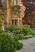 ASTHALL MANOR, OXFORDSHIRE: ROSES CLIMBING UP MANOR HOUSE IN EARLY MORNING LIGHT, SUMMER, ENGLISH, COUNTRY, GARDENS