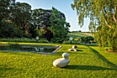 ASTHALL MANOR, OXFORDSHIRE: LAWN, SWIMMING POOL, WATER, LIMESTONE SCULPTURE BY JASON MULLIGAN, COUNTRY, GARDENS, ENGLISH