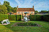 WORMSLEY, BUCKINGHAMSHIRE: HOME FARM - HOUSE, YEW HEDGES, WATER LILY POOL, POND, JEFF KOONS SCULPTURE CRACKED EGG. ENGLISH, COUNTRY, GARDEN, SUMMER