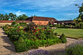 THE WALLED GARDEN AT COWDRAY, WEST SUSSEX: LAWN, BORDERS WITH ROSES, ENGLISH, COUNTRY, GARDENS, SUMMER