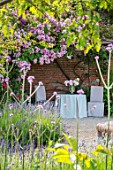 THE WALLED GARDEN AT COWDRAY, WEST SUSSEX: ROSE ARBOUR, ROSA APPLE BLOSSOM, TABLE, CHAIRS, PLACE TO SIT, AL FRESCO, DINING, ENGLISH, COUNTRY, GARDENS, SUMMER