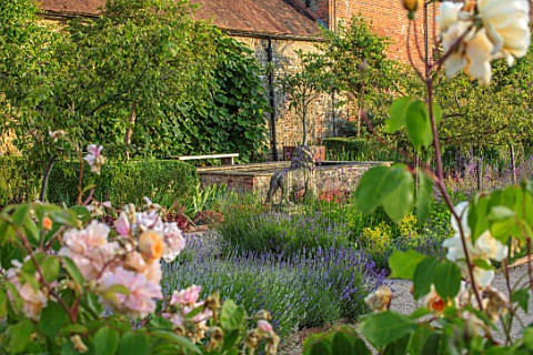 THE_WALLED_GARDEN_AT_COWDRAY_WEST_SUSSEX_ENGLISH_COUNTRY_GARDEN_ROSES_LAVENDER_LION_STATUE_RAISED_WA