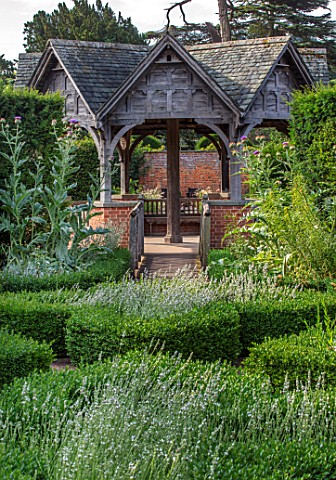 HAMPTON_COURT_CASTLE_HEREFORDSHIRE_PAVILION_IN_THE_SOUTH_GARDEN_BOX_HEDGES_HEDGING_LAVENDER_CARDOONS