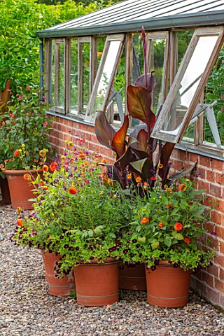 MORTON_HALL_GARDENS_WORCESTERSHIRE_KITCHEN_GARDEN_JULY_TERRACOTTA_CONTAINERS_PLANTED_WITH_CANNAS_AND