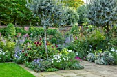 MORTON HALL, WORCESTERSHIRE: SOUTH GARDEN - PYRUS SILVER SAILS AND CATALIA, ROSE - ROSA MUNSTEAD WOOD, NICOTIANA LIME GREEN, COSMOS, PEROVSKIA, ASTER X FRIKARTII MONCH