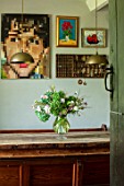 ALHAM FARM, SOMERSET: CORNISHWARE: FARMHOUSE DINING ROOM - CHURCH PEWS, FLOWERS FROM COMMON FARM FLOWERS, DINING TABLE, ENGLISH, COUNTRY, COTTAGE, ARTWORKS