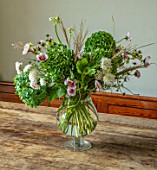 ALHAM FARM, SOMERSET: CORNISHWARE: FARMHOUSE DINING ROOM - VASE OF FLOWERS FROM COMMON FARM FLOWERS, DINING TABLE, ENGLISH, COUNTRY, COTTAGE, HYDRANGEAS, ANEMONES, GRASSES