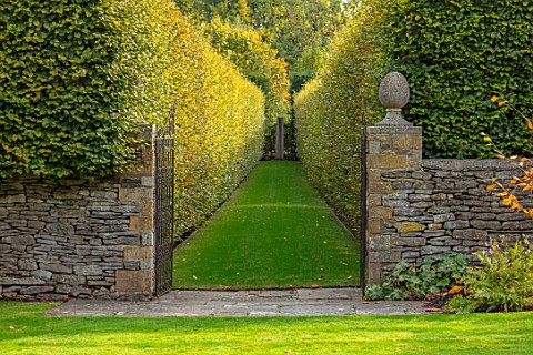 RADCOT_HOUSE_OXFORDSHIRE_NORTH_SOUTH_AXIS_OF_GARDEN_WALLS_GATES_BEECH_AVENUE_LAWNS_PATHS_FINIALS_HED