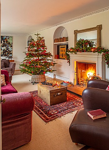 GIBBONS_CROFT_WEST_CLANDON_SURREY_CHRISTMAS__SITTING_ROOM_RED_AND_WHITE_OPEN_FIRE_CHRISTMAS_TREE_MIR