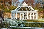 MALVERLEYS, HAMPSHIRE: WINTER, FROST, FROSTY, VEGETABLE GARDEN, POTAGER, WALLED, WALLS, FRUIT CAGE, ORNAMENTAL, FORMAL, WHITE PAINTED, BOX HEDGING, HEDGES