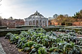 MALVERLEYS, HAMPSHIRE: WINTER, FROST, FROSTY, VEGETABLE GARDEN, POTAGER, WALLED, WALLS, FRUIT CAGE, ORNAMENTAL, FORMAL, WHITE PAINTED, BOX HEDGING, HEDGES, VEGETABLES