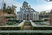 MALVERLEYS, HAMPSHIRE: WINTER, FROST, FROSTY, VEGETABLE GARDEN, POTAGER, WALLED, WALLS, FRUIT CAGE, ORNAMENTAL, FORMAL, WHITE PAINTED, BOX HEDGING, HEDGES