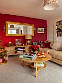 THE CONIFERS, OXFORDSHIRE: CHRISTMAS: COUNTRY, CLASSIC, LIVING ROOM, SITTING, ROOM, CUSHION, TREE, TABLE, MIRROR, DARK RED