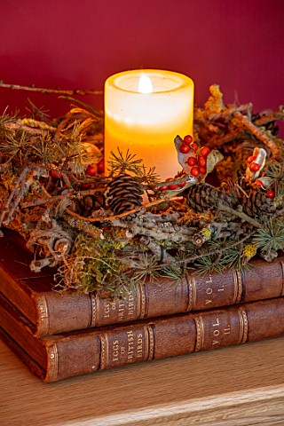 THE_CONIFERS_OXFORDSHIRE_CHRISTMAS__LIVING_ROOM_ANTIQUE_BOOKS_WITH_CANDLE