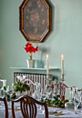 MARBURY HALL, SHROPSHIRE: DESIGNER SOFIE PATON-SMITH - SWEDISH CHRISTMAS, PALE BLUE DINING ROOM, TABLE, RED AMARYLLIS