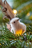 MARBURY HALL, SHROPSHIRE: DESIGNER SOFIE PATON-SMITH - THE LIBRARY, CHRISTMAS, CHRISTMAS TREE BIRD DECORATION