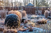 THE OLD RECTORY, QUINTON, NORTHAMPTONSHIRE: DESIGNER ANOUSHKA FEILER: GRASSES, FROST, WINTER, FROSTY GARDEN, TOPIARY, TREE HOUSES, HEDGES
