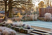THE OLD RECTORY, QUINTON, NORTHAMPTONSHIRE: DESIGNER ANOUSHKA FEILER: LAWN, GRASSES, HEDGES, STEPS, FROST, WINTER, FROSTY GARDEN